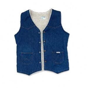 Vintage 80s Wrangler Blue Denim Vest with Sherpa Lining Western Style size L